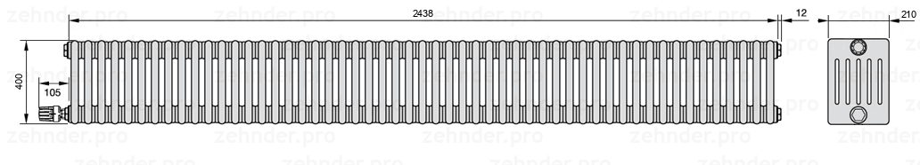 Схема (чертеж) Радиатор Zehnder Charleston 6040/53 №V003 Белый глянцевый RAL 9016